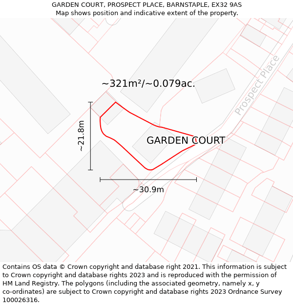 GARDEN COURT, PROSPECT PLACE, BARNSTAPLE, EX32 9AS: Plot and title map