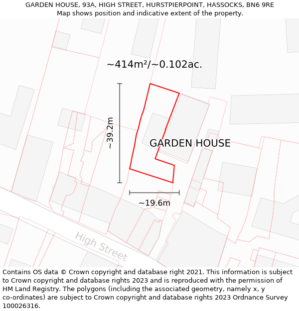 GARDEN HOUSE, 93A, HIGH STREET, HURSTPIERPOINT, HASSOCKS, BN6 9RE: Plot and title map