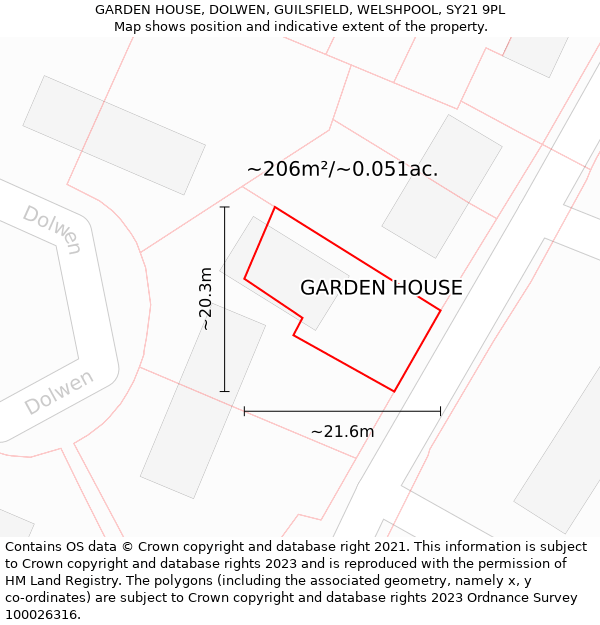 GARDEN HOUSE, DOLWEN, GUILSFIELD, WELSHPOOL, SY21 9PL: Plot and title map