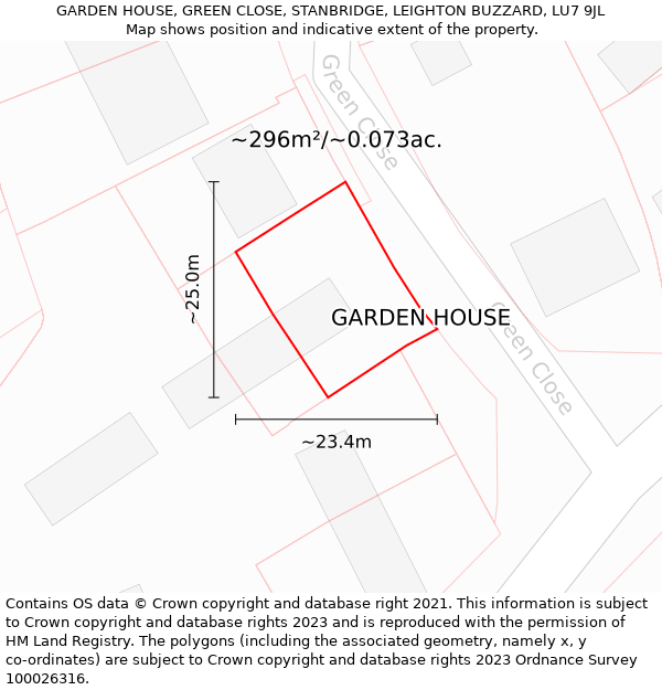 GARDEN HOUSE, GREEN CLOSE, STANBRIDGE, LEIGHTON BUZZARD, LU7 9JL: Plot and title map