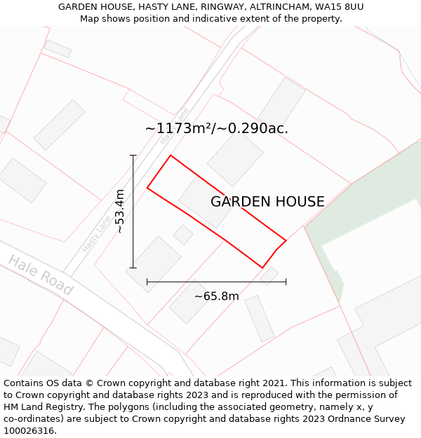 GARDEN HOUSE, HASTY LANE, RINGWAY, ALTRINCHAM, WA15 8UU: Plot and title map