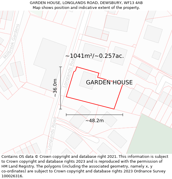 GARDEN HOUSE, LONGLANDS ROAD, DEWSBURY, WF13 4AB: Plot and title map