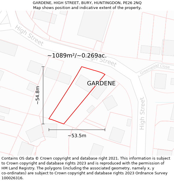 GARDENE, HIGH STREET, BURY, HUNTINGDON, PE26 2NQ: Plot and title map