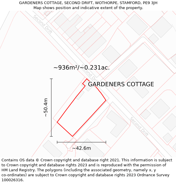 GARDENERS COTTAGE, SECOND DRIFT, WOTHORPE, STAMFORD, PE9 3JH: Plot and title map