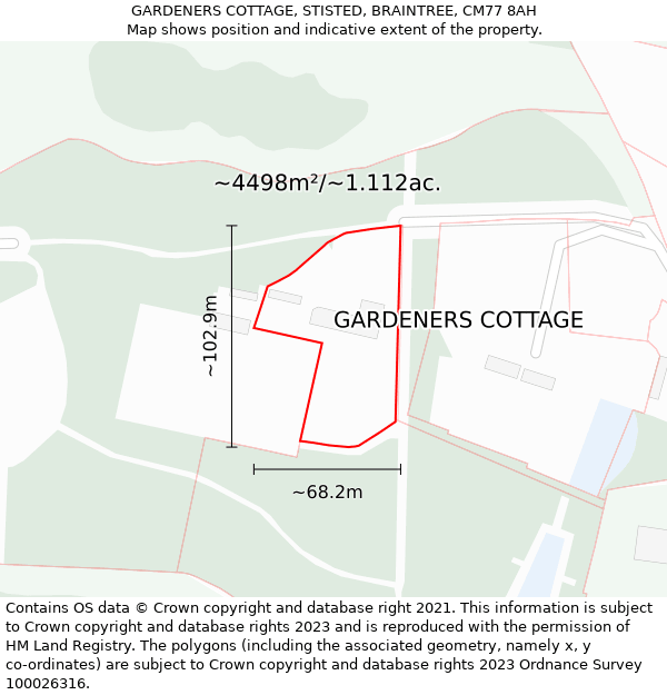 GARDENERS COTTAGE, STISTED, BRAINTREE, CM77 8AH: Plot and title map