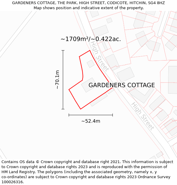 GARDENERS COTTAGE, THE PARK, HIGH STREET, CODICOTE, HITCHIN, SG4 8HZ: Plot and title map