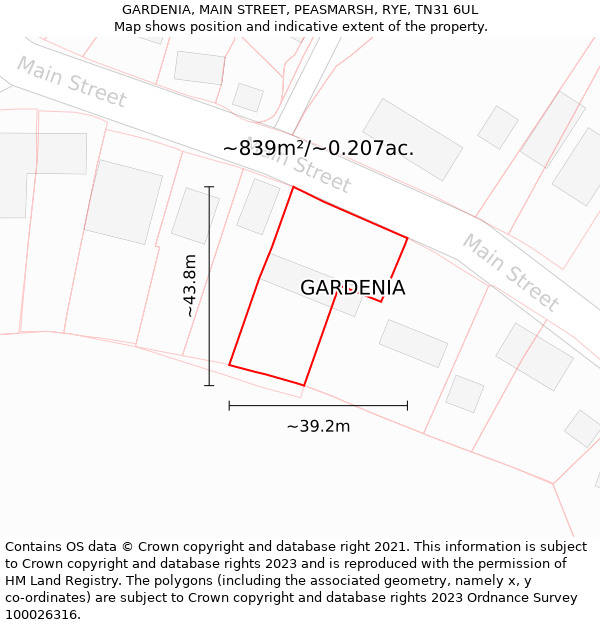GARDENIA, MAIN STREET, PEASMARSH, RYE, TN31 6UL: Plot and title map