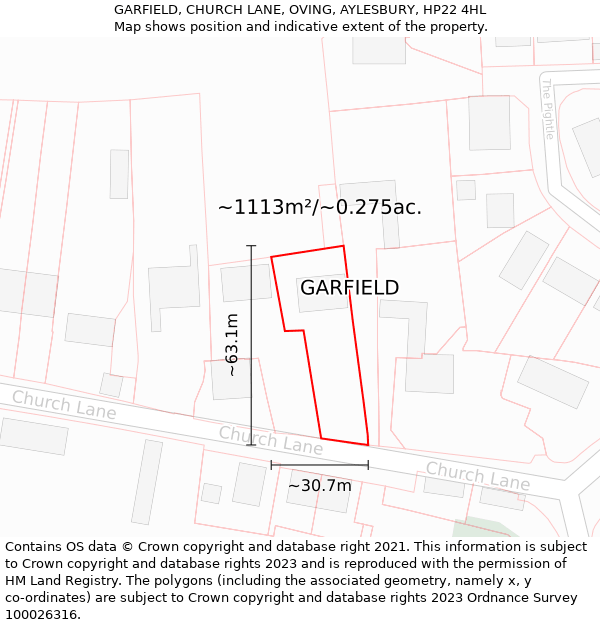 GARFIELD, CHURCH LANE, OVING, AYLESBURY, HP22 4HL: Plot and title map