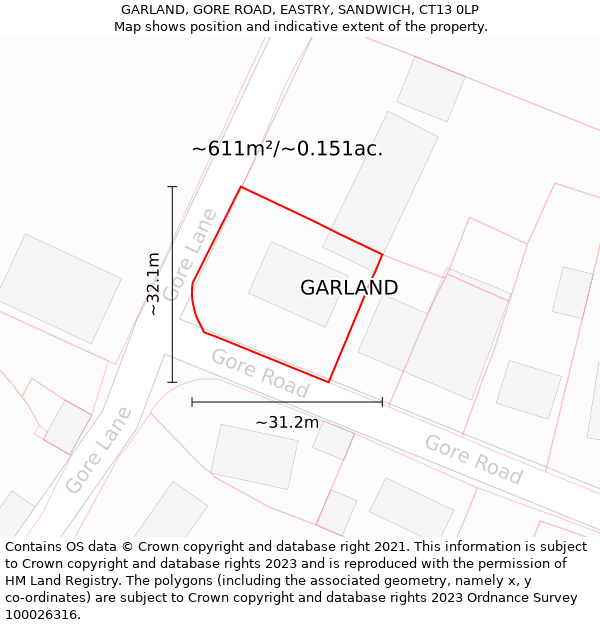 GARLAND, GORE ROAD, EASTRY, SANDWICH, CT13 0LP: Plot and title map