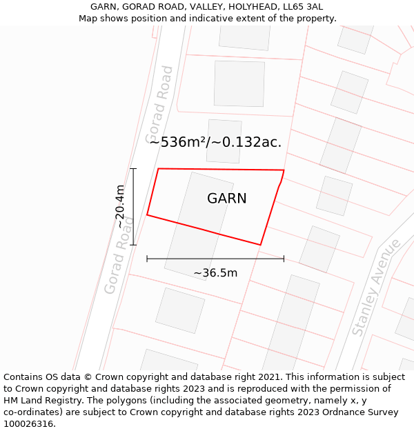 GARN, GORAD ROAD, VALLEY, HOLYHEAD, LL65 3AL: Plot and title map