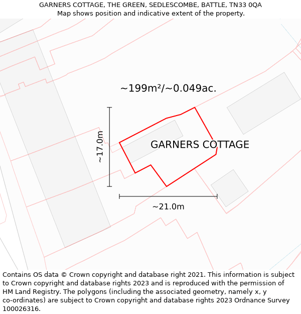 GARNERS COTTAGE, THE GREEN, SEDLESCOMBE, BATTLE, TN33 0QA: Plot and title map