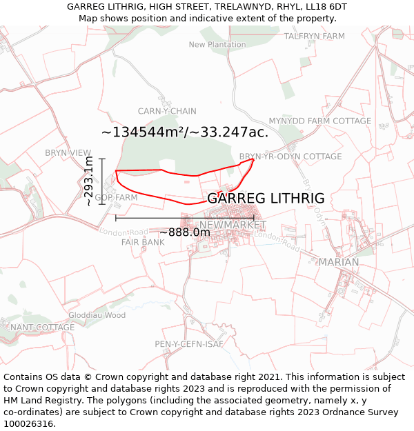 GARREG LITHRIG, HIGH STREET, TRELAWNYD, RHYL, LL18 6DT: Plot and title map