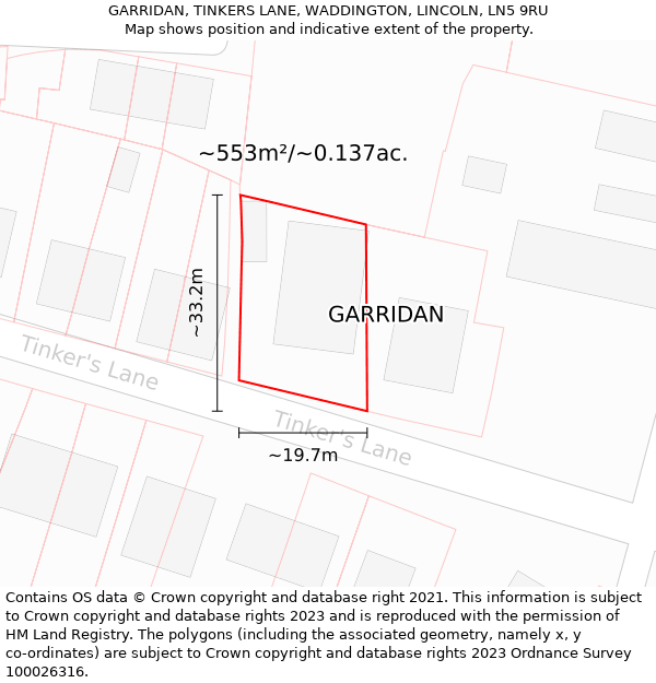 GARRIDAN, TINKERS LANE, WADDINGTON, LINCOLN, LN5 9RU: Plot and title map