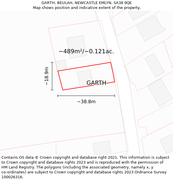 GARTH, BEULAH, NEWCASTLE EMLYN, SA38 9QE: Plot and title map