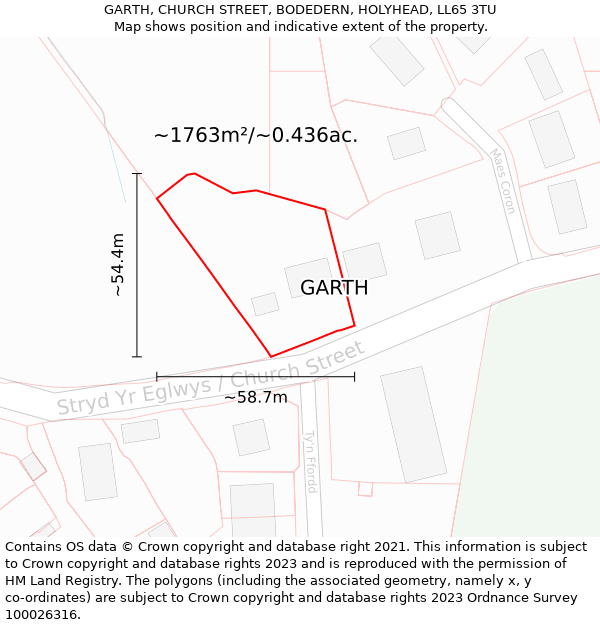 GARTH, CHURCH STREET, BODEDERN, HOLYHEAD, LL65 3TU: Plot and title map