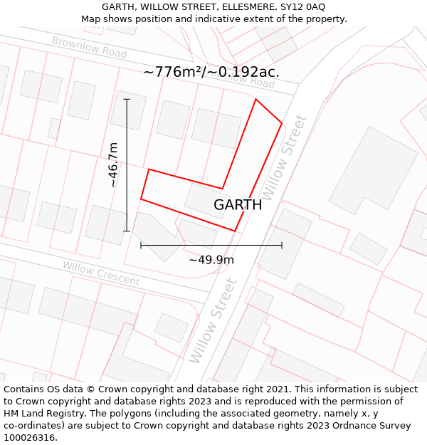 GARTH, WILLOW STREET, ELLESMERE, SY12 0AQ: Plot and title map