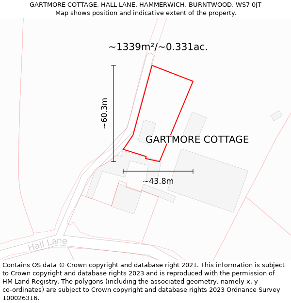 GARTMORE COTTAGE, HALL LANE, HAMMERWICH, BURNTWOOD, WS7 0JT: Plot and title map