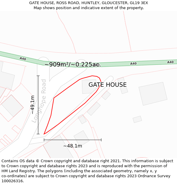 GATE HOUSE, ROSS ROAD, HUNTLEY, GLOUCESTER, GL19 3EX: Plot and title map