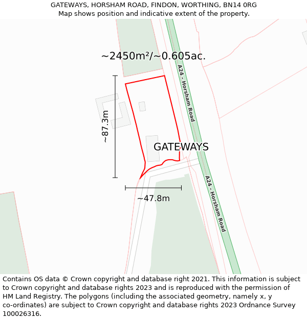 GATEWAYS, HORSHAM ROAD, FINDON, WORTHING, BN14 0RG: Plot and title map