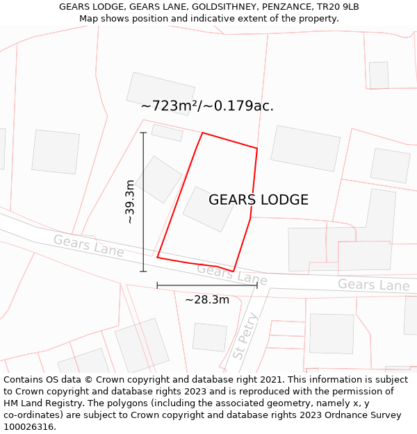 GEARS LODGE, GEARS LANE, GOLDSITHNEY, PENZANCE, TR20 9LB: Plot and title map