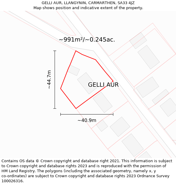 GELLI AUR, LLANGYNIN, CARMARTHEN, SA33 4JZ: Plot and title map