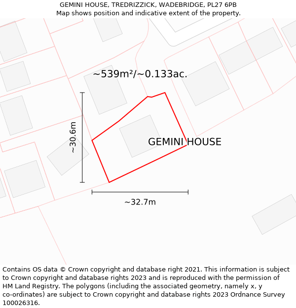 GEMINI HOUSE, TREDRIZZICK, WADEBRIDGE, PL27 6PB: Plot and title map