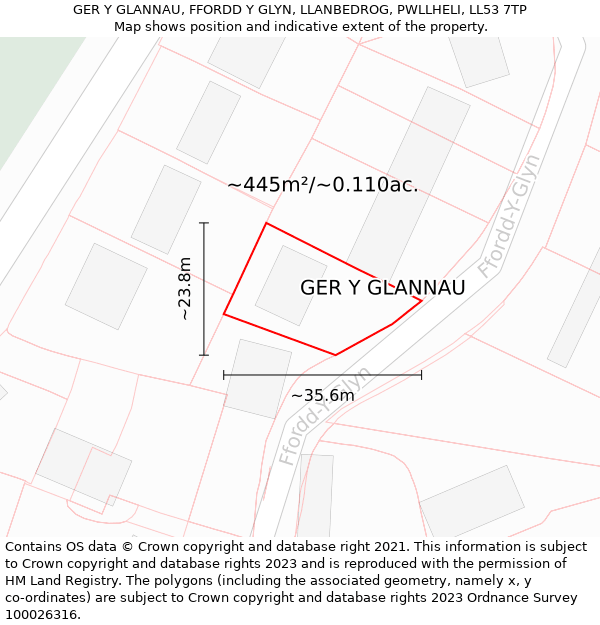 GER Y GLANNAU, FFORDD Y GLYN, LLANBEDROG, PWLLHELI, LL53 7TP: Plot and title map