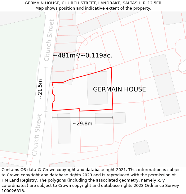 GERMAIN HOUSE, CHURCH STREET, LANDRAKE, SALTASH, PL12 5ER: Plot and title map