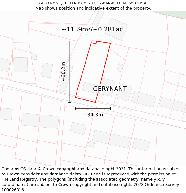 GERYNANT, RHYDARGAEAU, CARMARTHEN, SA33 6BL: Plot and title map