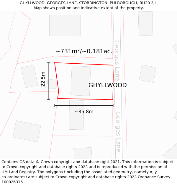 GHYLLWOOD, GEORGES LANE, STORRINGTON, PULBOROUGH, RH20 3JH: Plot and title map