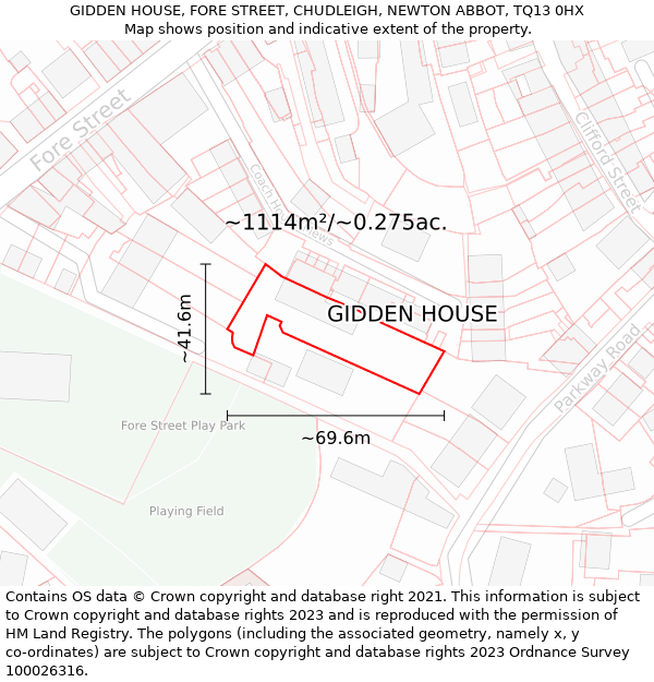 GIDDEN HOUSE, FORE STREET, CHUDLEIGH, NEWTON ABBOT, TQ13 0HX: Plot and title map