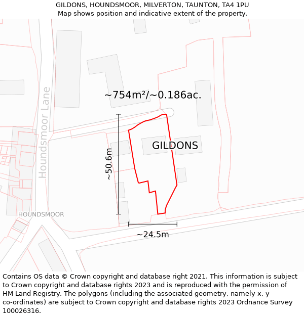 GILDONS, HOUNDSMOOR, MILVERTON, TAUNTON, TA4 1PU: Plot and title map