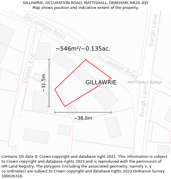 GILLAWRIE, OCCUPATION ROAD, MATTISHALL, DEREHAM, NR20 3QY: Plot and title map