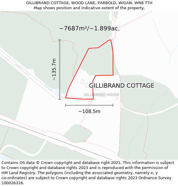 GILLIBRAND COTTAGE, WOOD LANE, PARBOLD, WIGAN, WN8 7TH: Plot and title map