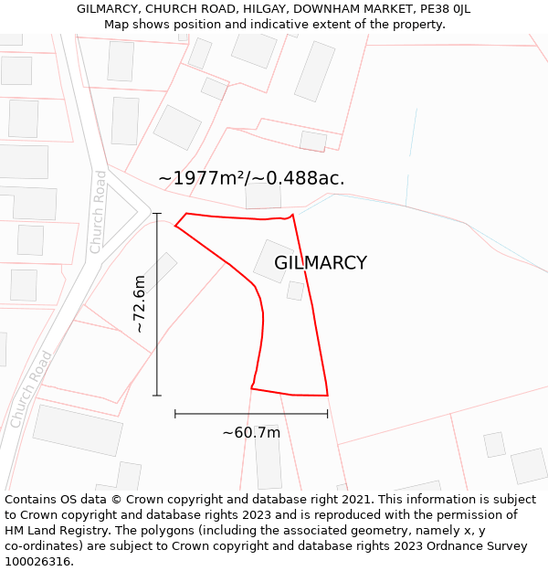 GILMARCY, CHURCH ROAD, HILGAY, DOWNHAM MARKET, PE38 0JL: Plot and title map