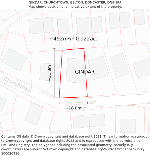 GINDAR, CHURCHTOWN, BELTON, DONCASTER, DN9 1PA: Plot and title map