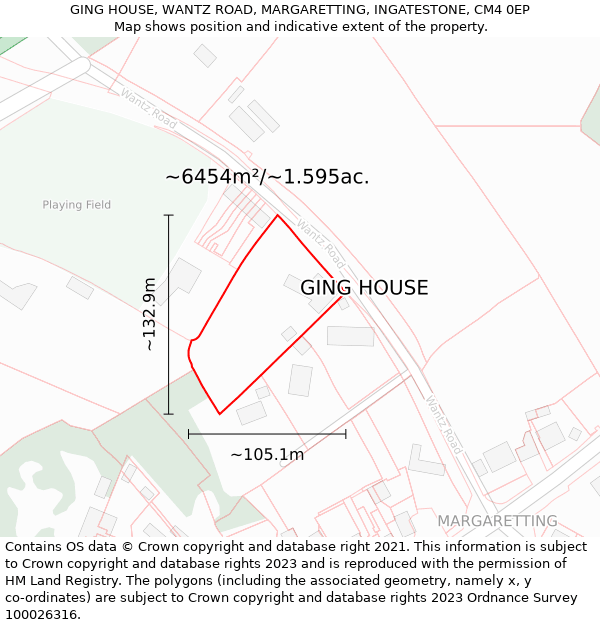 GING HOUSE, WANTZ ROAD, MARGARETTING, INGATESTONE, CM4 0EP: Plot and title map