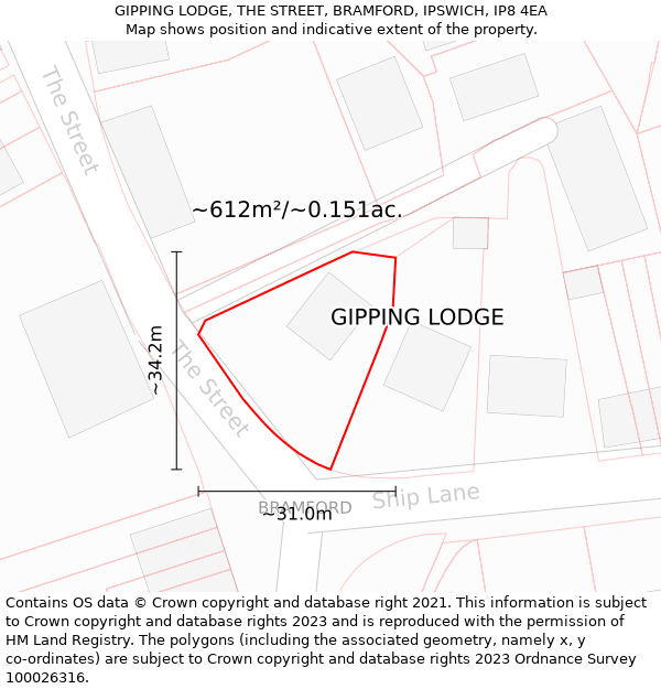 GIPPING LODGE, THE STREET, BRAMFORD, IPSWICH, IP8 4EA: Plot and title map