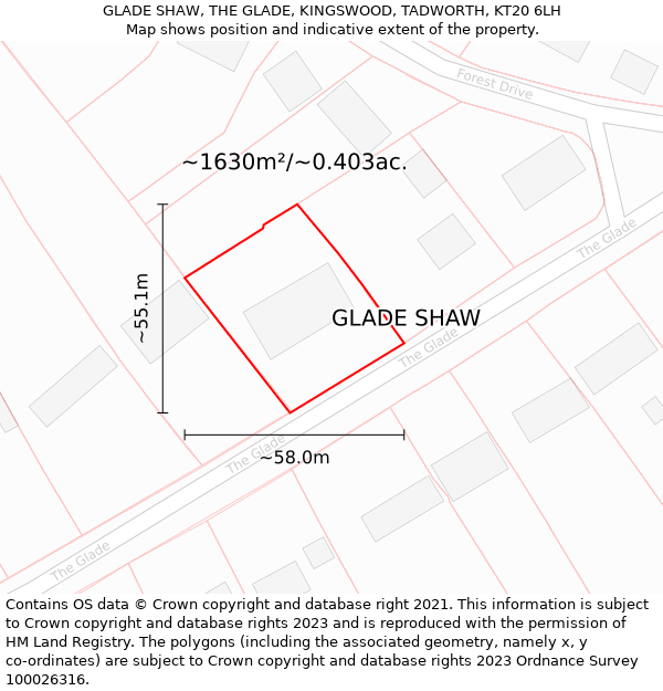 GLADE SHAW, THE GLADE, KINGSWOOD, TADWORTH, KT20 6LH: Plot and title map