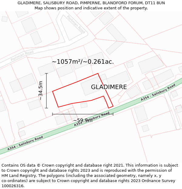 GLADIMERE, SALISBURY ROAD, PIMPERNE, BLANDFORD FORUM, DT11 8UN: Plot and title map