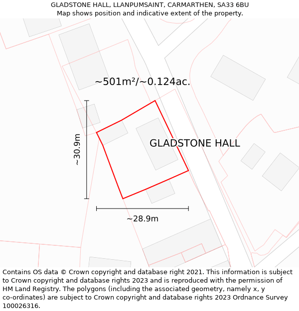 GLADSTONE HALL, LLANPUMSAINT, CARMARTHEN, SA33 6BU: Plot and title map