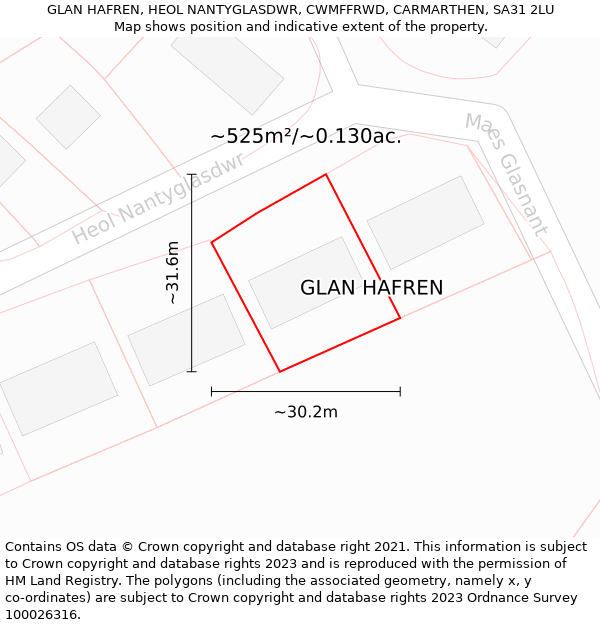 GLAN HAFREN, HEOL NANTYGLASDWR, CWMFFRWD, CARMARTHEN, SA31 2LU: Plot and title map