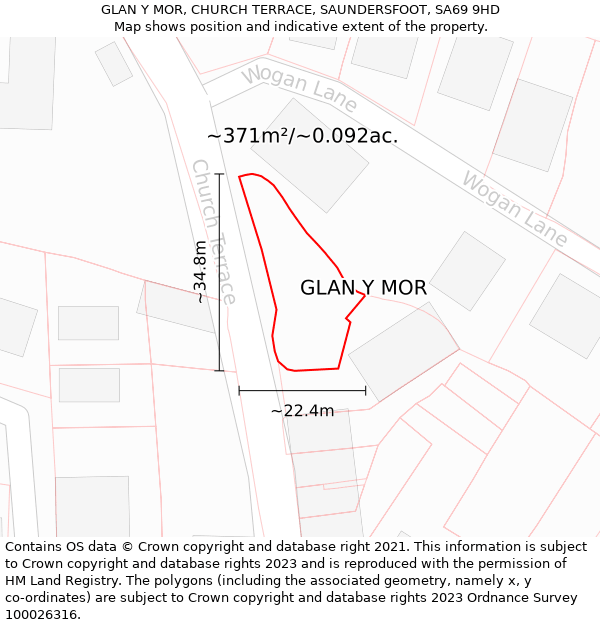 GLAN Y MOR, CHURCH TERRACE, SAUNDERSFOOT, SA69 9HD: Plot and title map