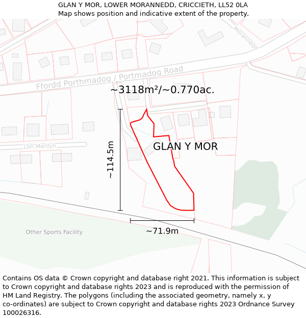 GLAN Y MOR, LOWER MORANNEDD, CRICCIETH, LL52 0LA: Plot and title map