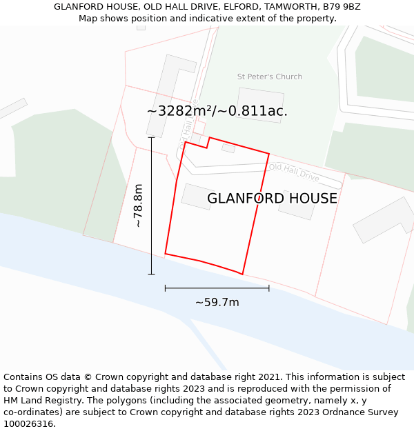 GLANFORD HOUSE, OLD HALL DRIVE, ELFORD, TAMWORTH, B79 9BZ: Plot and title map