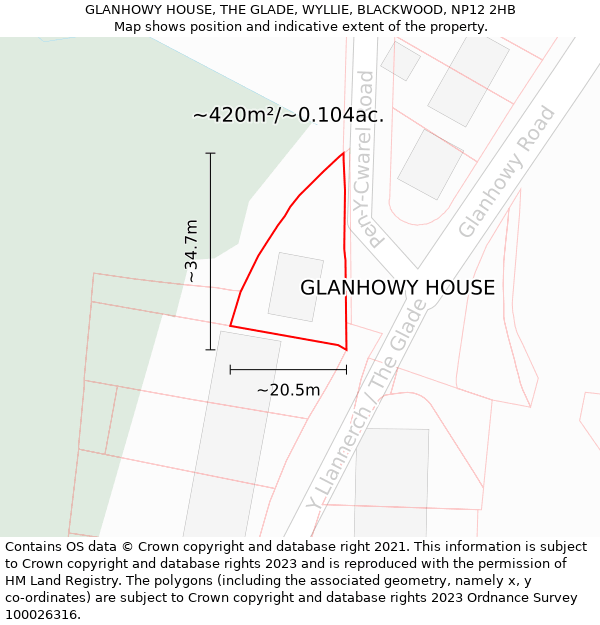 GLANHOWY HOUSE, THE GLADE, WYLLIE, BLACKWOOD, NP12 2HB: Plot and title map