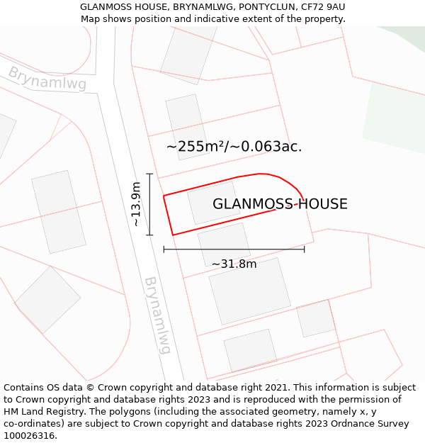 GLANMOSS HOUSE, BRYNAMLWG, PONTYCLUN, CF72 9AU: Plot and title map