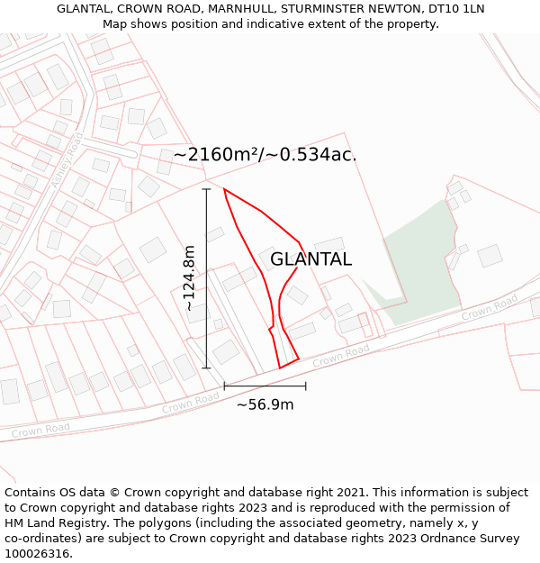 GLANTAL, CROWN ROAD, MARNHULL, STURMINSTER NEWTON, DT10 1LN: Plot and title map