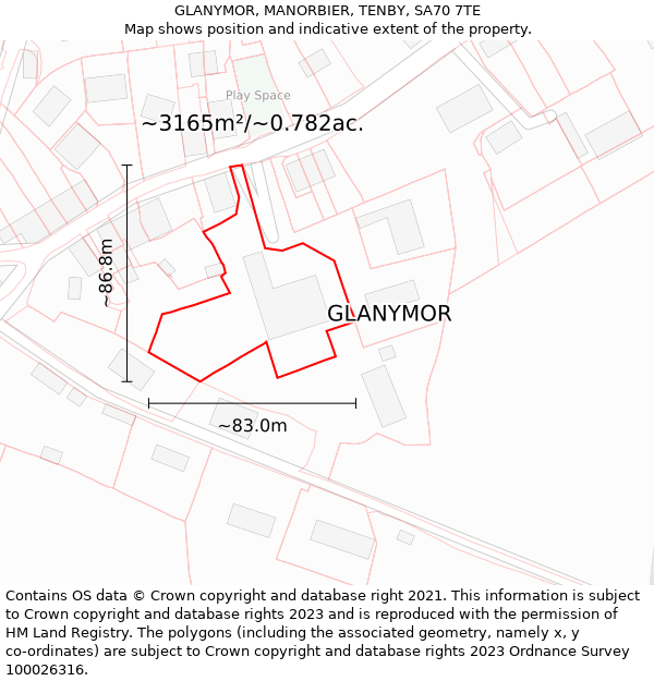 GLANYMOR, MANORBIER, TENBY, SA70 7TE: Plot and title map