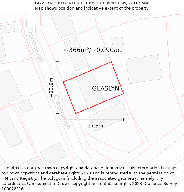 GLASLYN, CREDENLEIGH, CRADLEY, MALVERN, WR13 5NB: Plot and title map